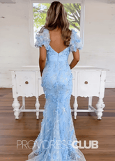 Denise |Blue Prom Dresses Long Mermaid Short Sleeves Appliques with Bow - Light Blue - PromDressClub